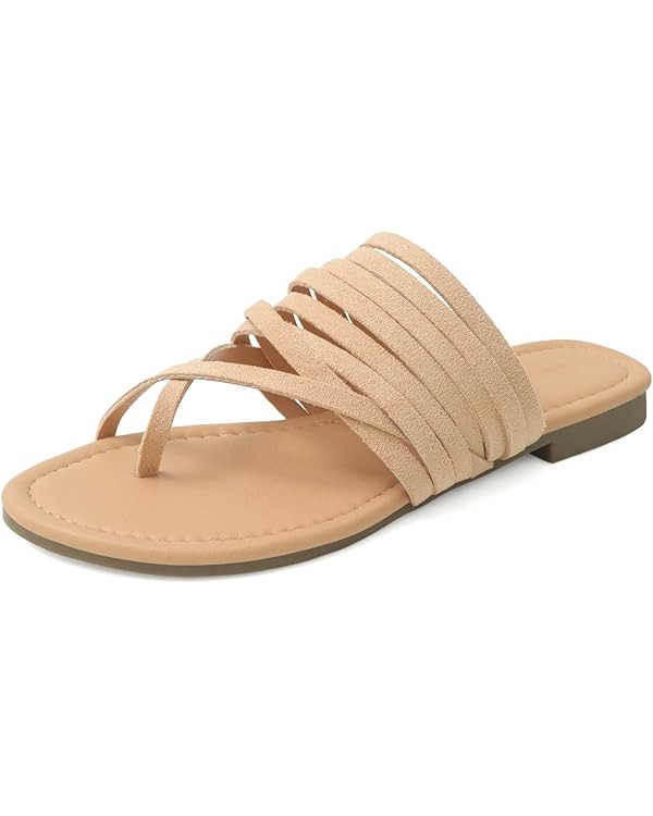 Shoe'N Tale Women's Flat Sandals Fashion Slides Flip Flops Strappy Open Toe Slip On Dressy Shoes | Amazon (US)