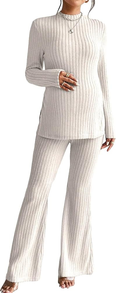 WDIRARA Women's Maternity 2 Piece Pajama Set Ribbed Knit Split Hem Tee and Adjustable Waist Flare... | Amazon (US)