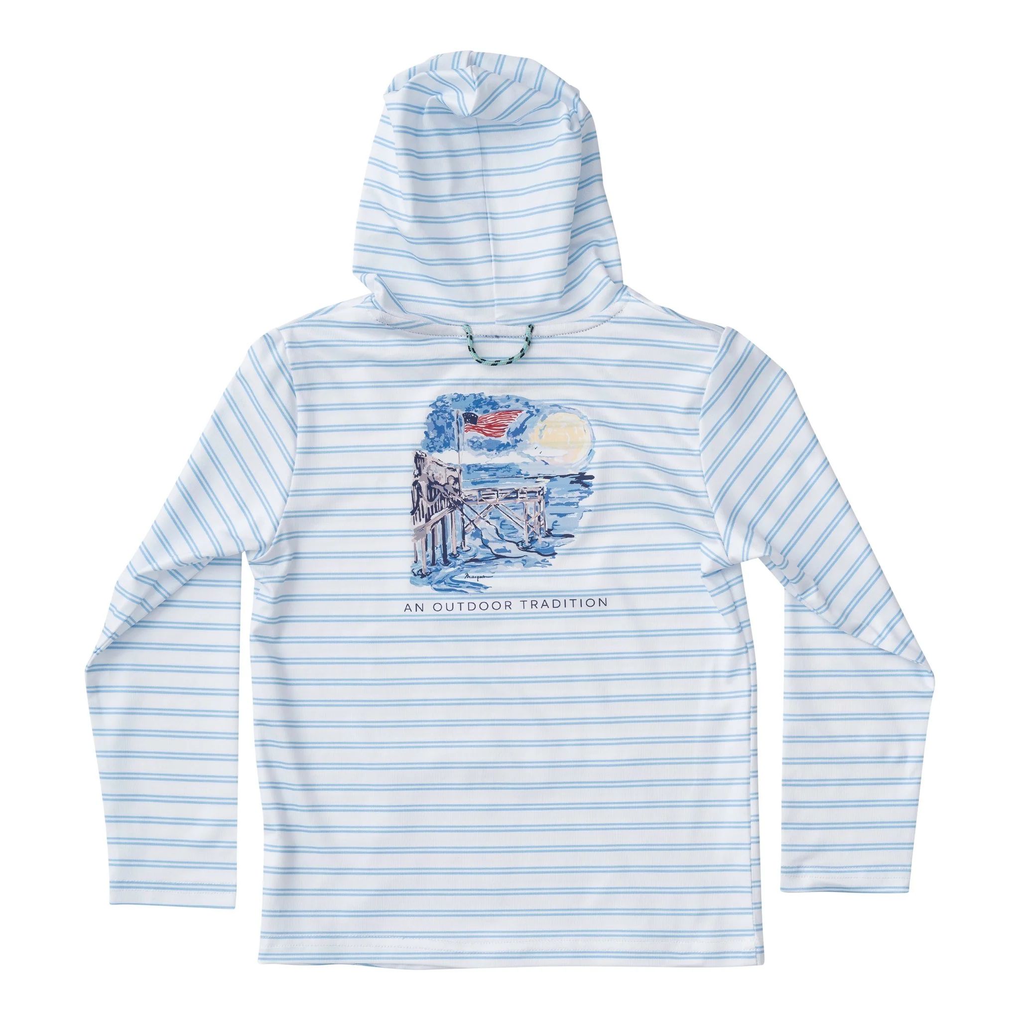 Pro Performance Hoodie Fishing Tee with American Flag Pier Art | PRODOH