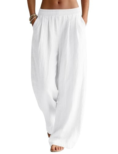 LOMON White Linen Pants Women Wide Leg Summer Flowy Hot Day Pants Beach Vacation Clothes Lounge Travel Trousers with Pockets (White, S) | Amazon (US)