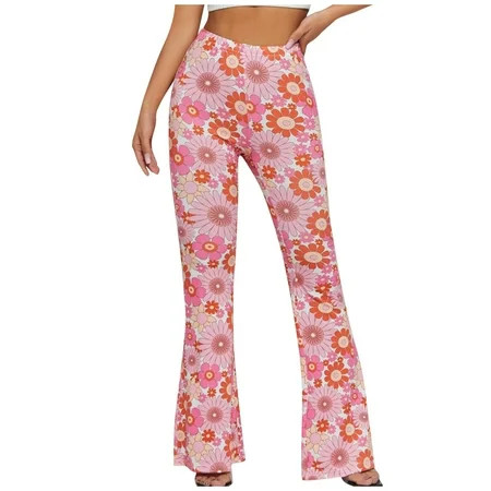 Efsteb Women s High Waisted Bell Bottom Pants Casual Comfort Floral Print Long Pants High Waist Summ | Walmart (US)