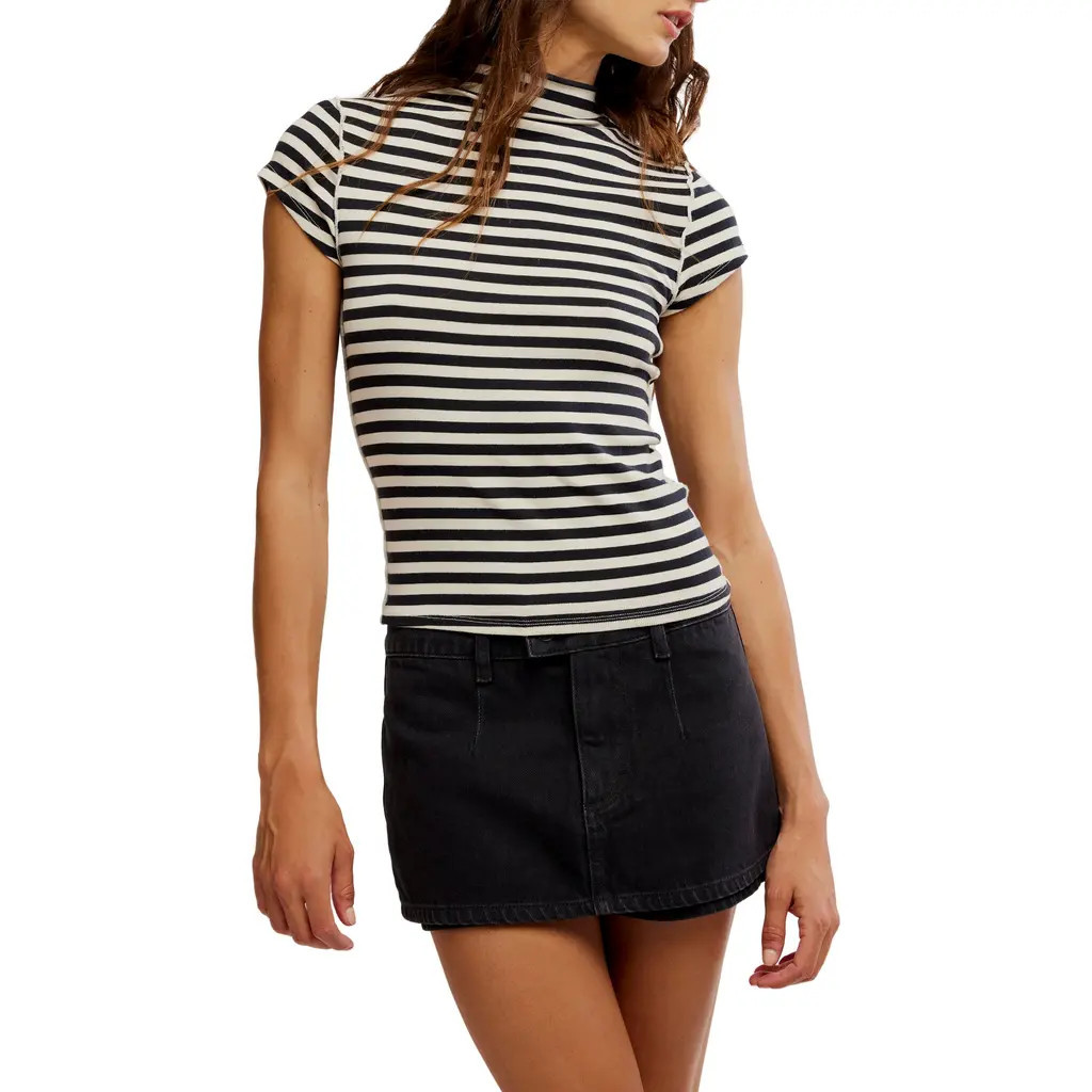 Free People Lola Stripe Funnel Neck Knit Top in Black White Stripe at Nordstrom, Size Large | Nordstrom