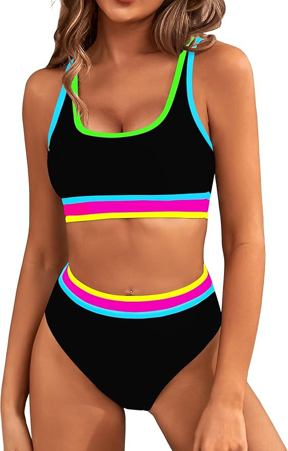 BMJL Women's High Waisted Bikini Sets Sporty Two Piece Swimsuits Color Block Cheeky High Cut Bath... | Amazon (US)