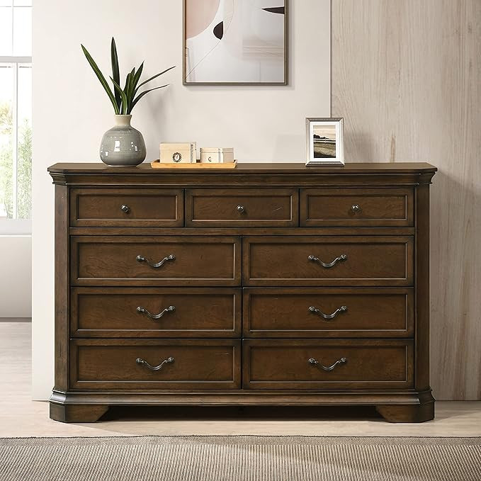 Roundhill Furniture Maderne Traditional Wood 9-Drawer Dresser, Antique Walnut Finish | Amazon (US)