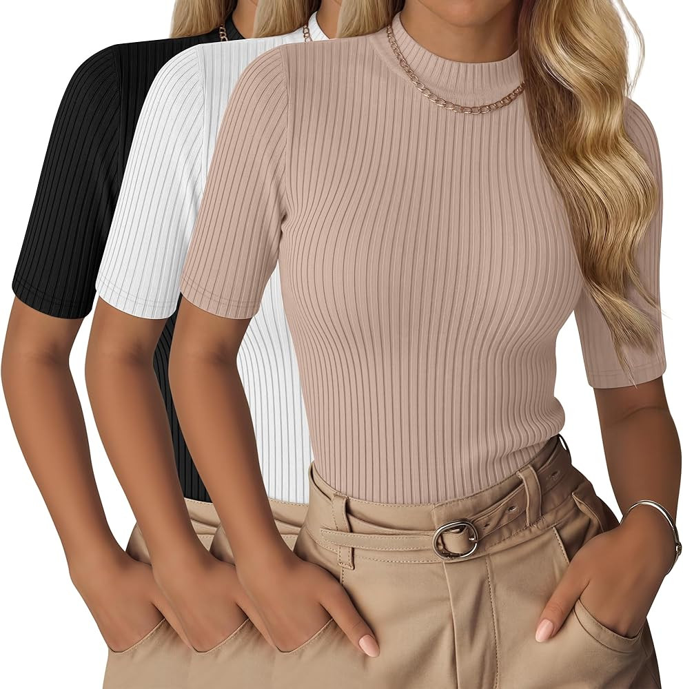 Neer 3 Pack Women's Half Sleeve T-Shirts, Mock Turtleneck Elbow Length Tee Ribbed Slim Fit Casual... | Amazon (US)