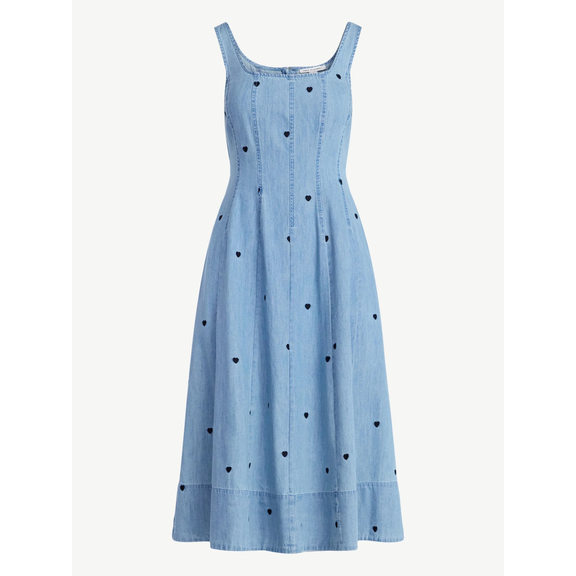 Free Assembly Women's and Women's Plus Embroidered Hearts Denim Panel Midi Dress, Sizes XS- 4X | Walmart (US)
