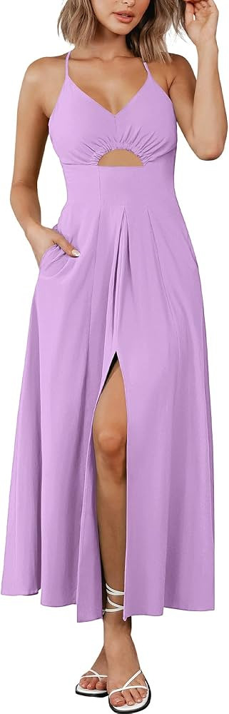 BTFBM Women 2024 Summer Spaghetti Strap Dress Sleeveless V Neck Cutout Slit Casual Beach Party Ma... | Amazon (US)