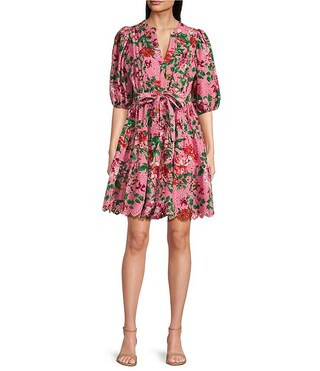 Gibson & Latimer Floral Eyelet Split Neck Elbow Puff Sleeve Button Front Scallop Hem Dress | Dill... | Dillard's