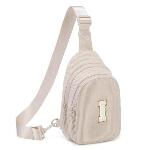 Viverte Small Corduroy Sling Bag Initial Crossbody Bag Fanny Pack for Girls Personalized Birthday Gifts for Teen Girls Gifts Trendy Stuff Teen Purse Cute Stuff for Girls (Beige-I) | Amazon (US)