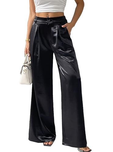 Women's Wide Leg Palazzo Pants Satin Silky Dressy Casual Shiny Sparkle Sequin Party Night Out Work Trouser Black | Amazon (US)