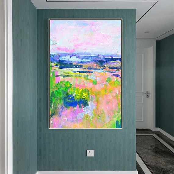 Landscape pink flower painting colorful scenery painting abstract acrylic painting blue mountain ... | Etsy (US)