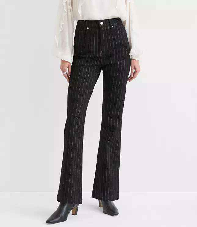 High Rise Slim Flare Jeans in Black Shimmer Pinstripe | LOFT
