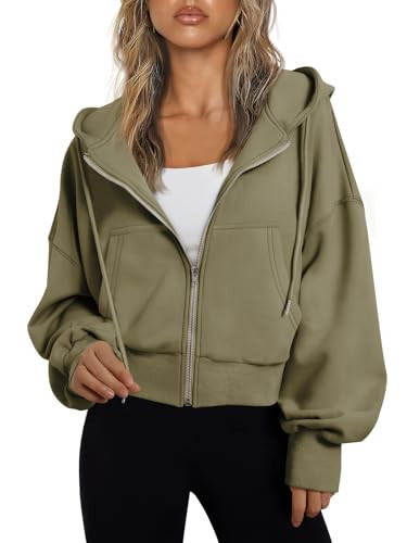 Trendy Queen Hoodies for Women Full Zip Up Cropped Sweatshirts Jackets Casual Comfy Gym Tops Fall Outfits Winter Clothes 2026 Cute Y2k Fleece Sweaters Teen Girls Pullover ArmyGreen S | Amazon (US)