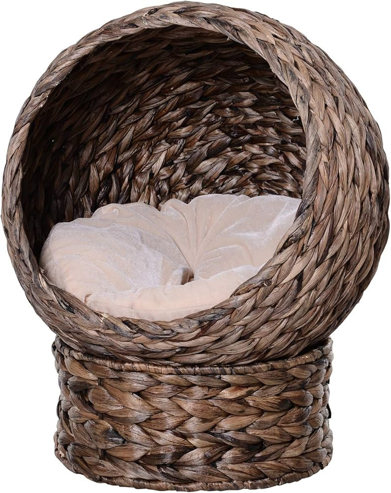 PawHut Weaved Elevated Cat Bed, Hand Made Braided Banana Leaf Pet House Nest with Cushion for Kit... | Amazon (US)