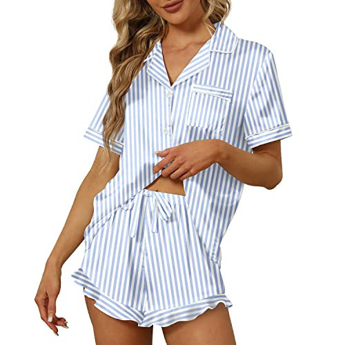 SAPJON Satin Silk Pajamas for Women 2Pcs Ruffle Notch Collar Sleepwear Button Down Short Sleeve Shorts Pjs Set Loungewear | Amazon (US)