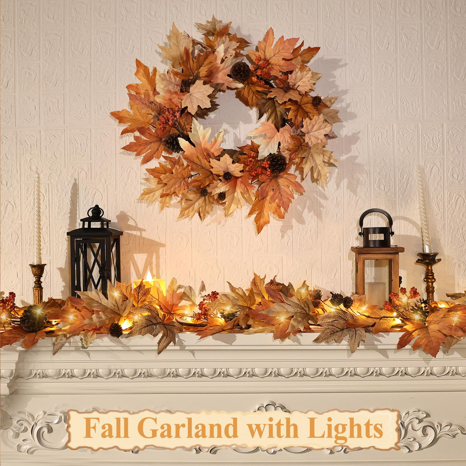 6 FT Fall Garland with Lights Timer Function Fall Leaves Garland with Berries Pine Cones Realisti... | Amazon (US)