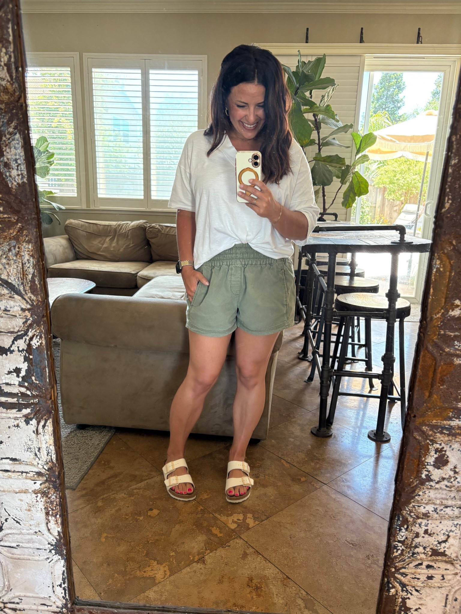 Cozy Aerie pull on shorts and boyfriend t shirt that are both on sale and perfect for warm weather. I’m wearing a small in both. My eggshell Birkenstock Arizona’s are my new summer sandals and I’m loving them. 
Vacation outfit
Summer style
Petite

#LTKSummerEdit #LTKOver40 #LTKTravel