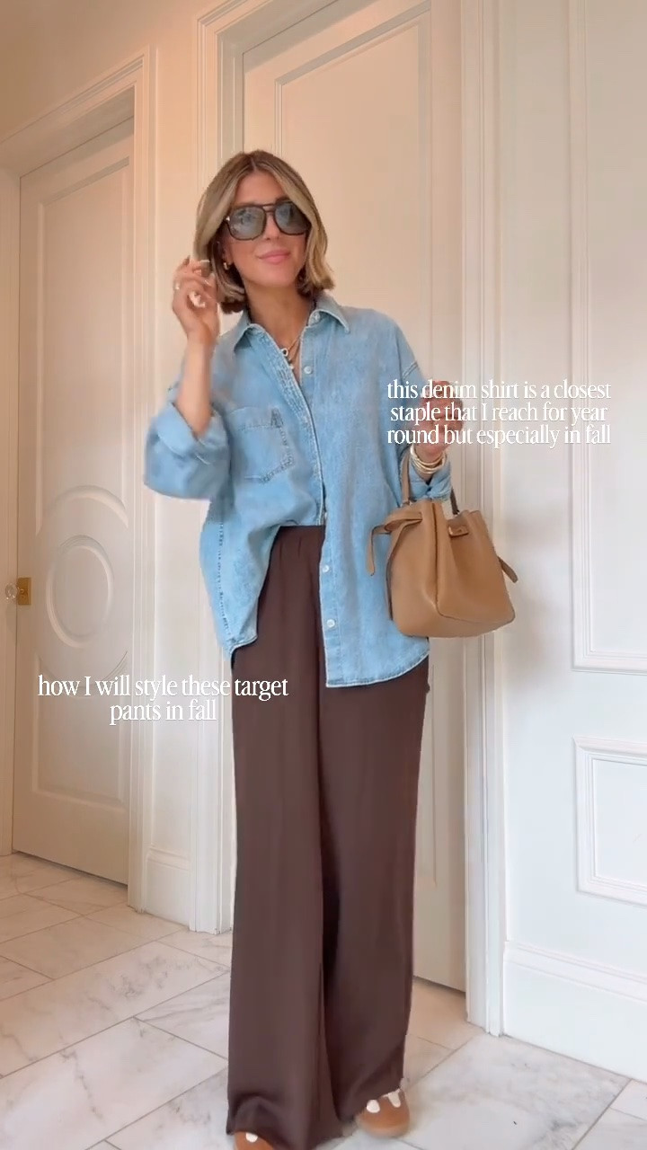 How I'm styling these wide leg pants from @Target that look and feel expensive. I suggest sizing down one size I'm an extra small. This denim shirt is one of my closet staples that I reach for year-round especially during fall. I'm wearing size small and if it's oversized.

#LTKfall #LTKstyletip