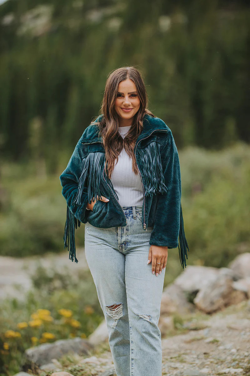 BuddyLove | Skylar Fringe Faux Fur Jacket | Jade | BuddyLove