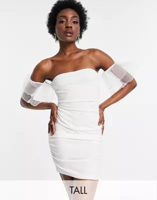 Parisian Tall off shoulder organza sleeve mini dress in white | ASOS (Global)