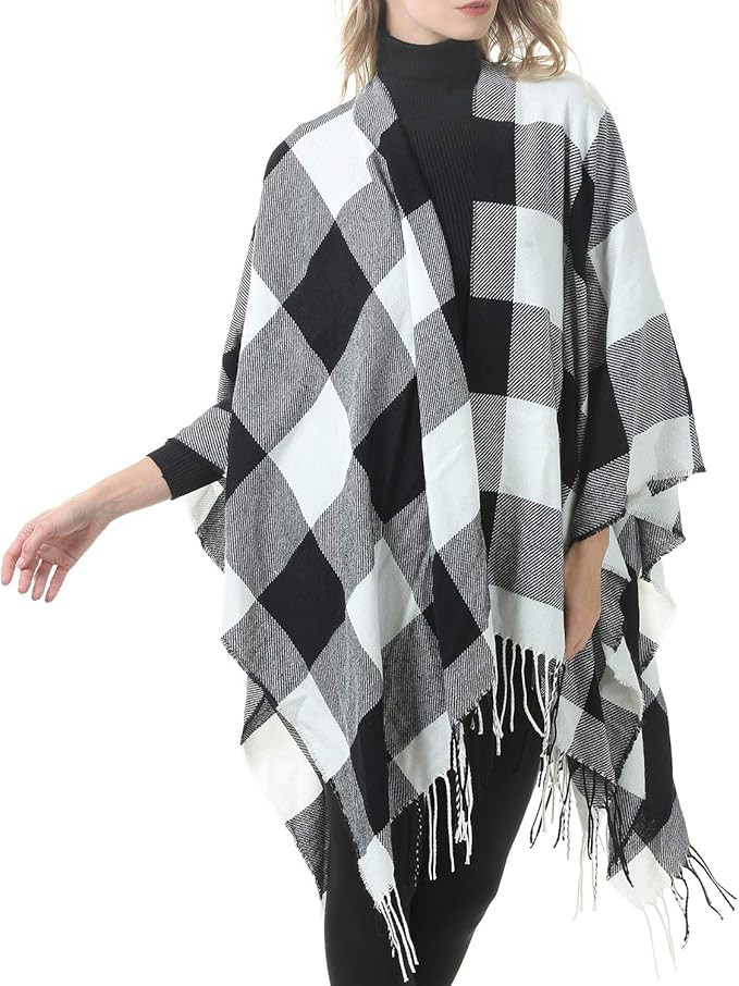 Zando Women's Warm Shawl Wrap Open Front Poncho Cape Color Block Shawls Winter Cardigan Wrap Prin... | Amazon (US)