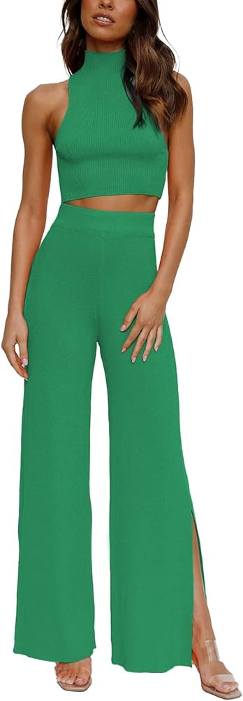 ARTFREE Womens 2 Piece Outfits Sets Casual Sweatsuits Streetwear, Ribbed Knit Palazzo Wide Leg Pa... | Amazon (US)