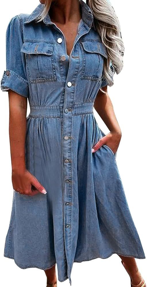 iZZZHH Summer Jean Dresses for Women Denim Short Sleeve Loose Blue Jean Maxi Dress Hand Pocket Bu... | Amazon (US)