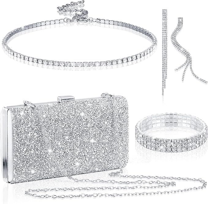 Kigeli 4 Pieces Women Rhinestone Evening Clutch Bag Rhinestone Earring Bridal Wedding Necklace Br... | Amazon (US)