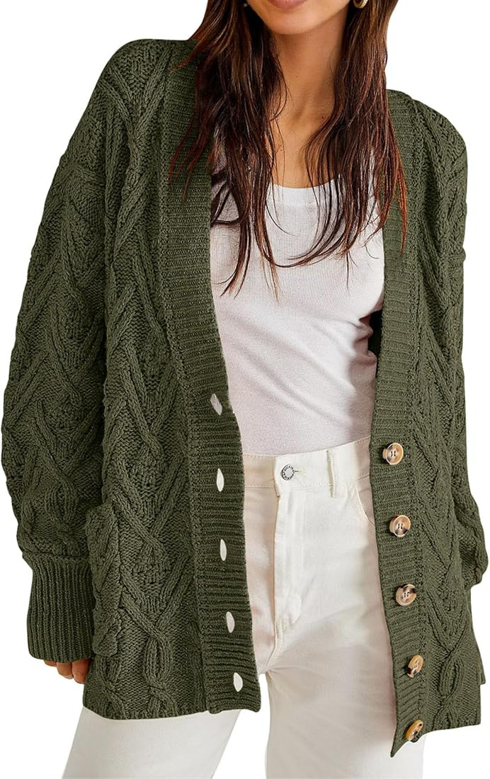KIRUNDO Women 2023 Fall Winter Oversized Button Down Cable Knit Cardigan Casual Long Sleeve Open ... | Amazon (US)