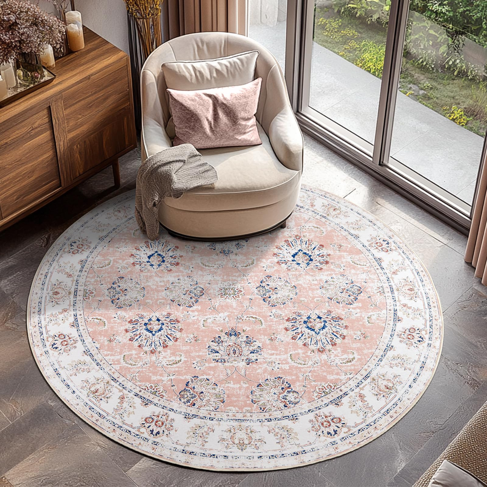 jinchan Round Rug 4ft Area Rugs Vintage Floral Distressed Design - Machine Washable Non-Slip Low-... | Amazon (US)