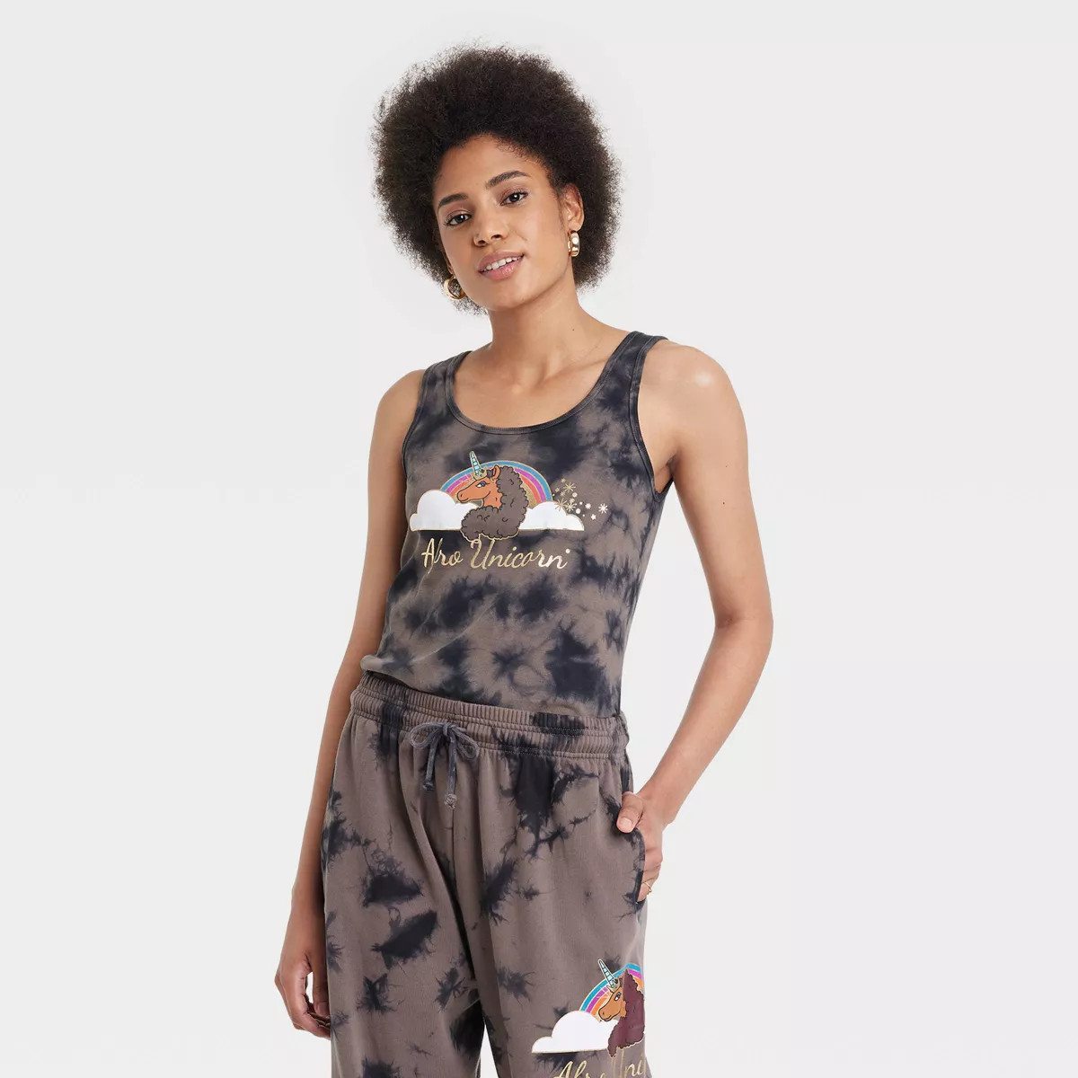 Women's Afro Unicorn Graphic Tank Top - Brown Tie-Dye | Target