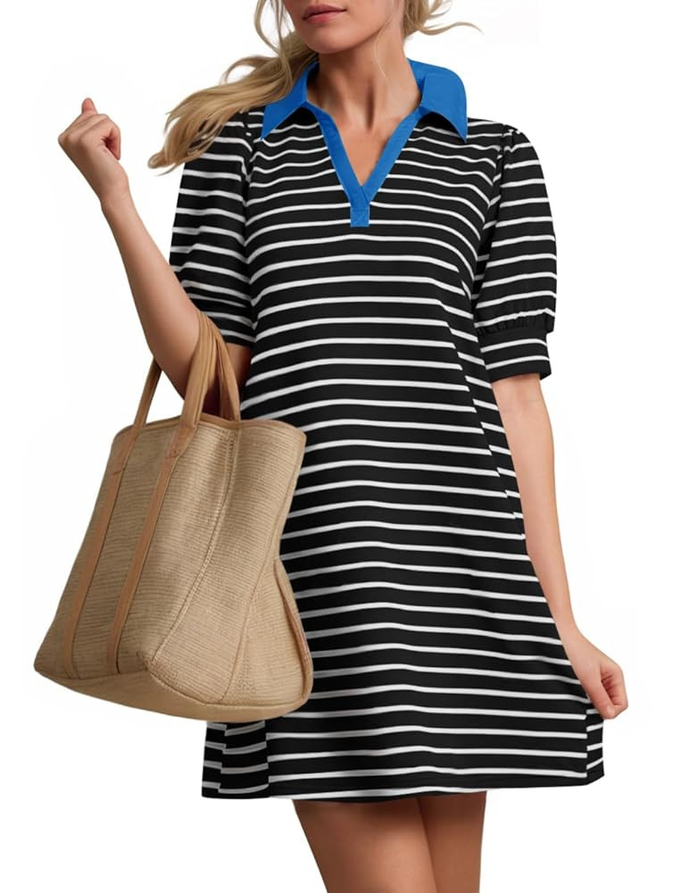 ZESICA Women's Summer Casual Striped Mini Dresses 2025 Lapel V Neck Short Sleeve Flowy A Line T S... | Amazon (US)
