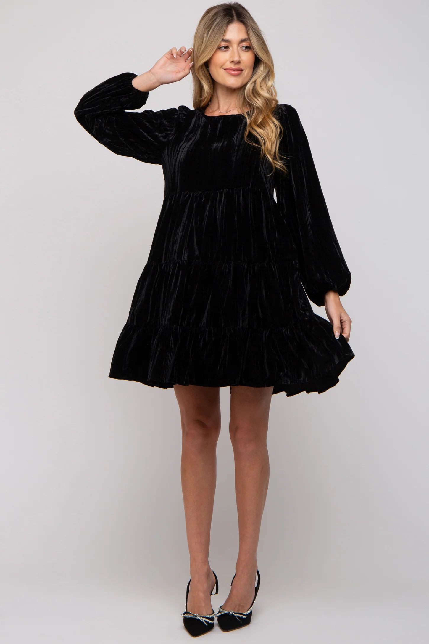 Black Velvet Tiered Long Sleeve Maternity Dress | PinkBlush Maternity