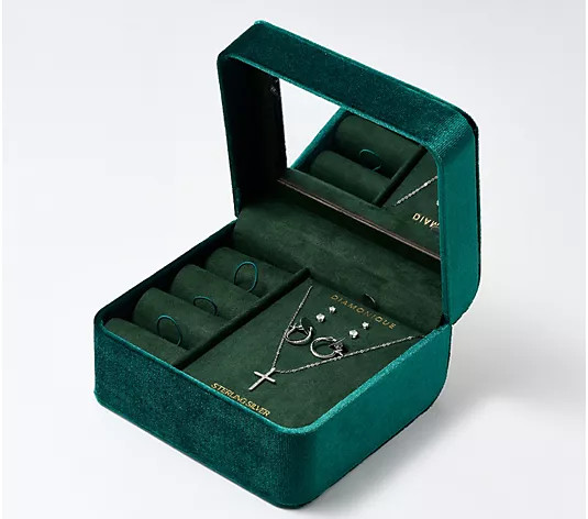 Diamonique Sterling Silver 4-Piece Holiday Gift Set with Jewelry Box - QVC.com | QVC