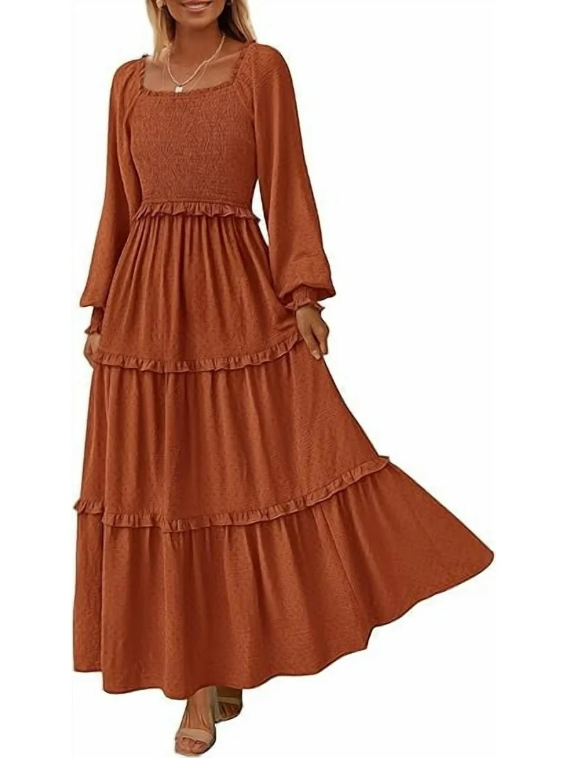 PRETTYGARDEN Women's Spring Long Sleeve Smocked Maxi Dress Casual Square Neck Swiss Dot Tiered Ru... | Walmart (US)