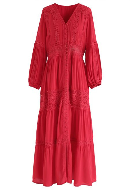 Button Down Crochet Embroidered Boho Maxi Dress in Red | Chicwish