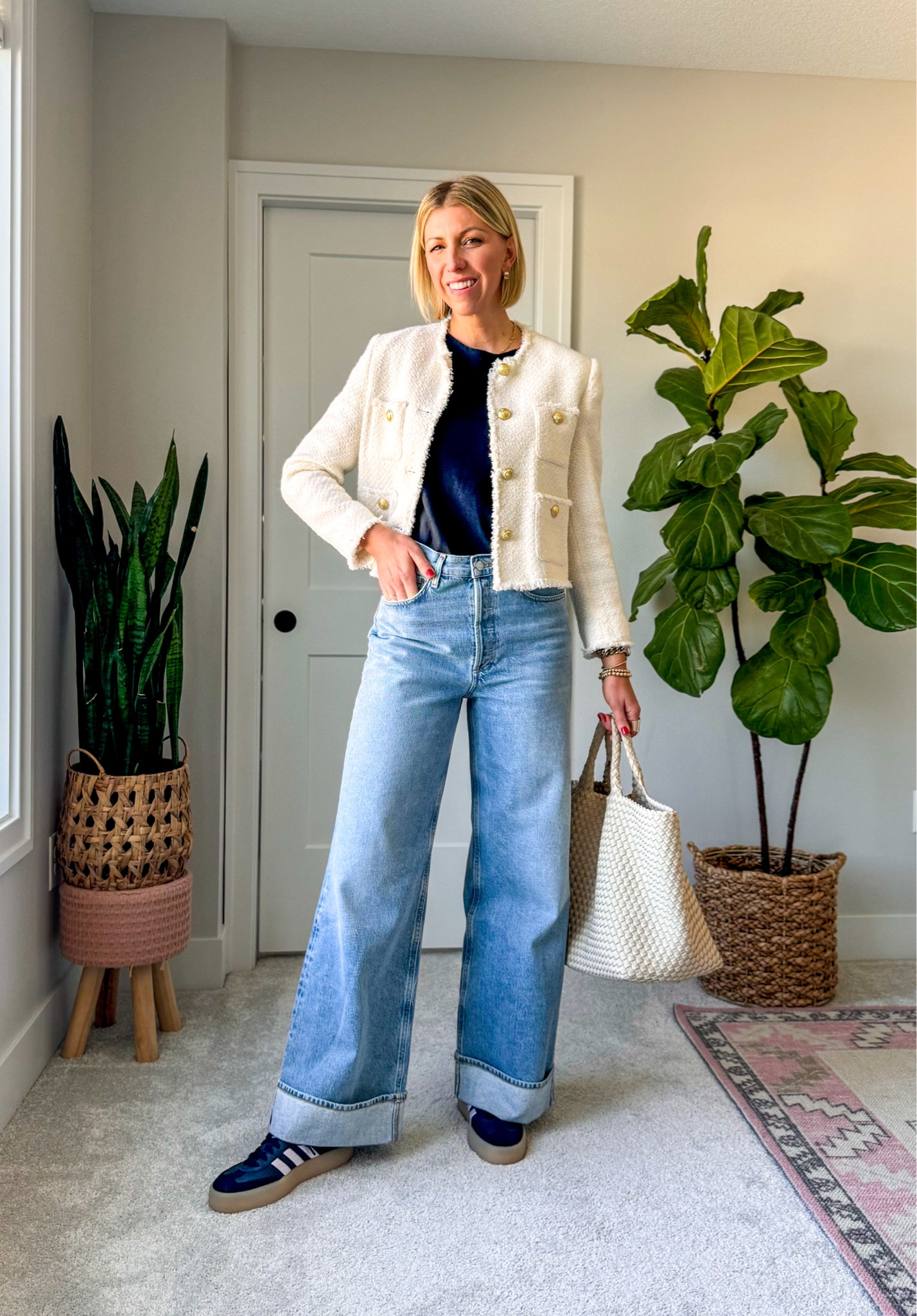 My forever go-to uniform for most days in the spring! Fitted tee, tweed jacket, wide leg jeans, sneakers, chic handbag 

I’m wearing my tts 27 in these relaxed, cuffed jeans & a size medium in the jacket (I sized up for a looser fit to layer!

#LTKstyletip #LTKfindsunder100 #LTKover40