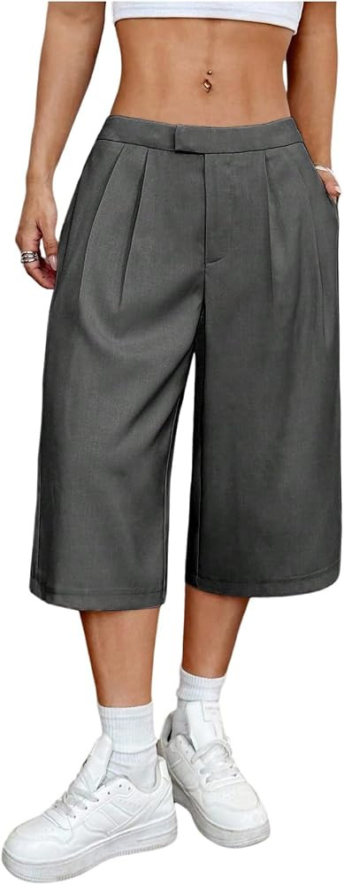 OYOANGLE Women's Pleated Bermuda Cropped Pants Low Waisted Loose Wide Leg Dressy Shorts with Pock... | Amazon (US)