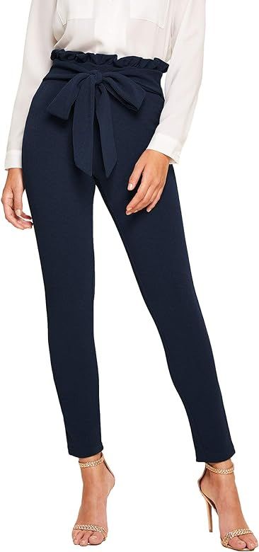 Floerns Women's High Waist Paper Bag Work Pants Stretchy Trouser with Belt | Amazon (US)