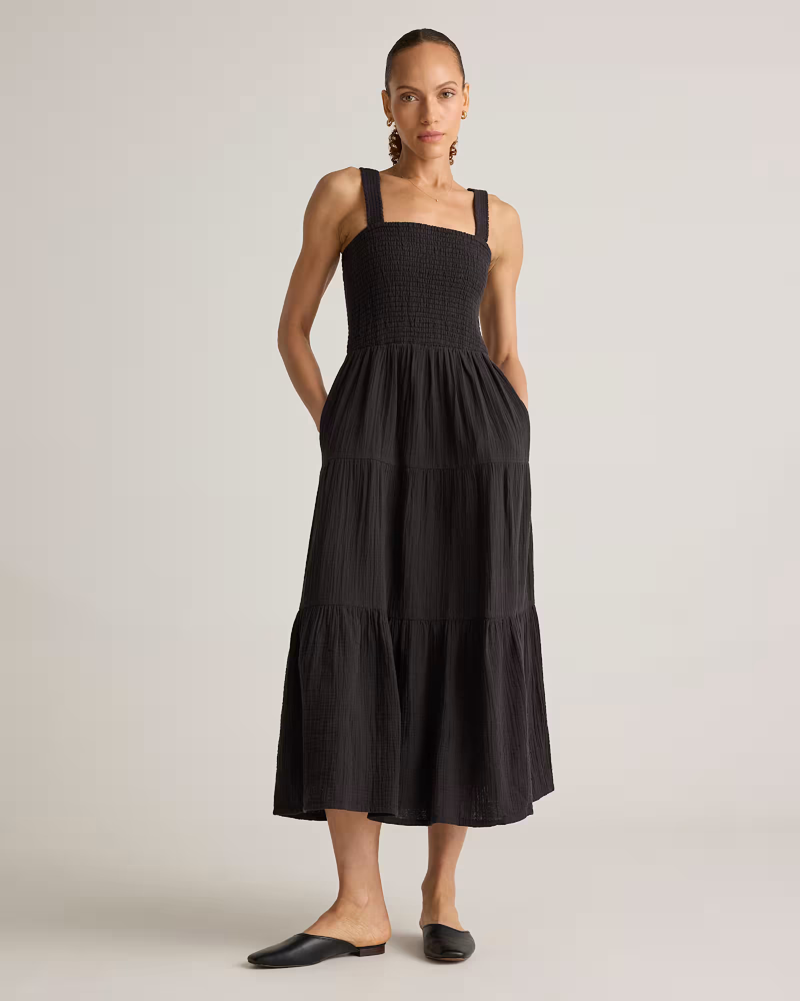 Black 100% Organic Cotton Gauze Smocked Sleeveless Maxi Dress | Quince