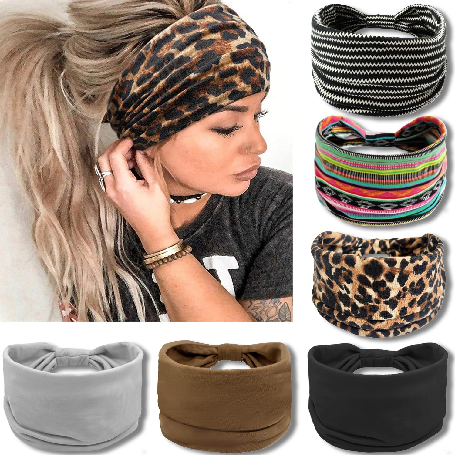 IVARYSS Wide Headbands for Women, Boho Knotted Head Wraps Turbans, Large African Style Head Bands... | Amazon (US)