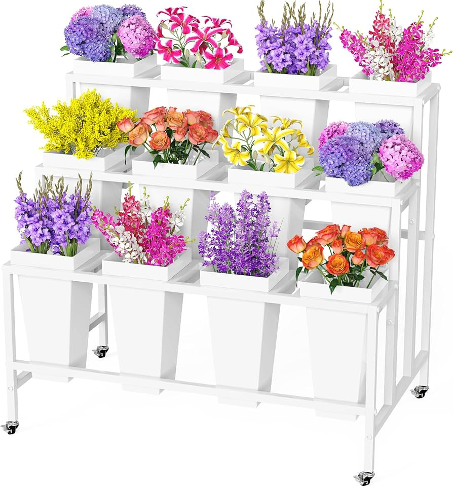 Putros Flower Display Stand with 12 Buckets White 3 Layers Metal Floral Cart with Wheels Moving F... | Amazon (US)