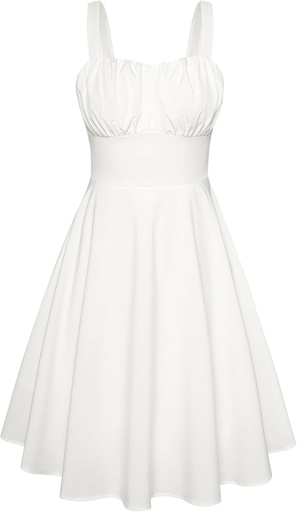 Belle Poque Women's Vintage Sleeveless Solid Floral Ruched Summer Cute A-Line Flowy Swing Midi Dr... | Amazon (US)