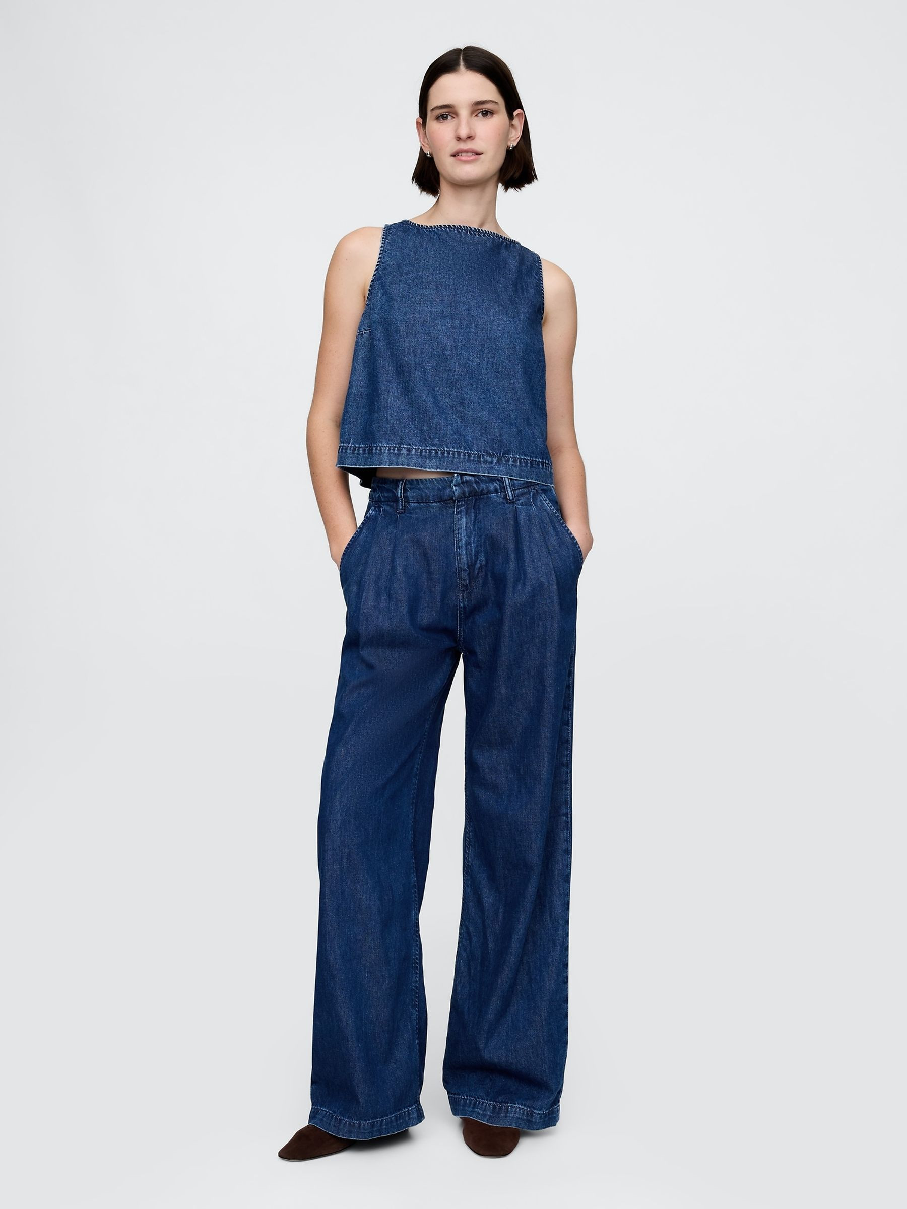 Dark Indigo Blue 365 High Waisted UltraSoft Denim Pleated Trousers | Gap | GAP UK