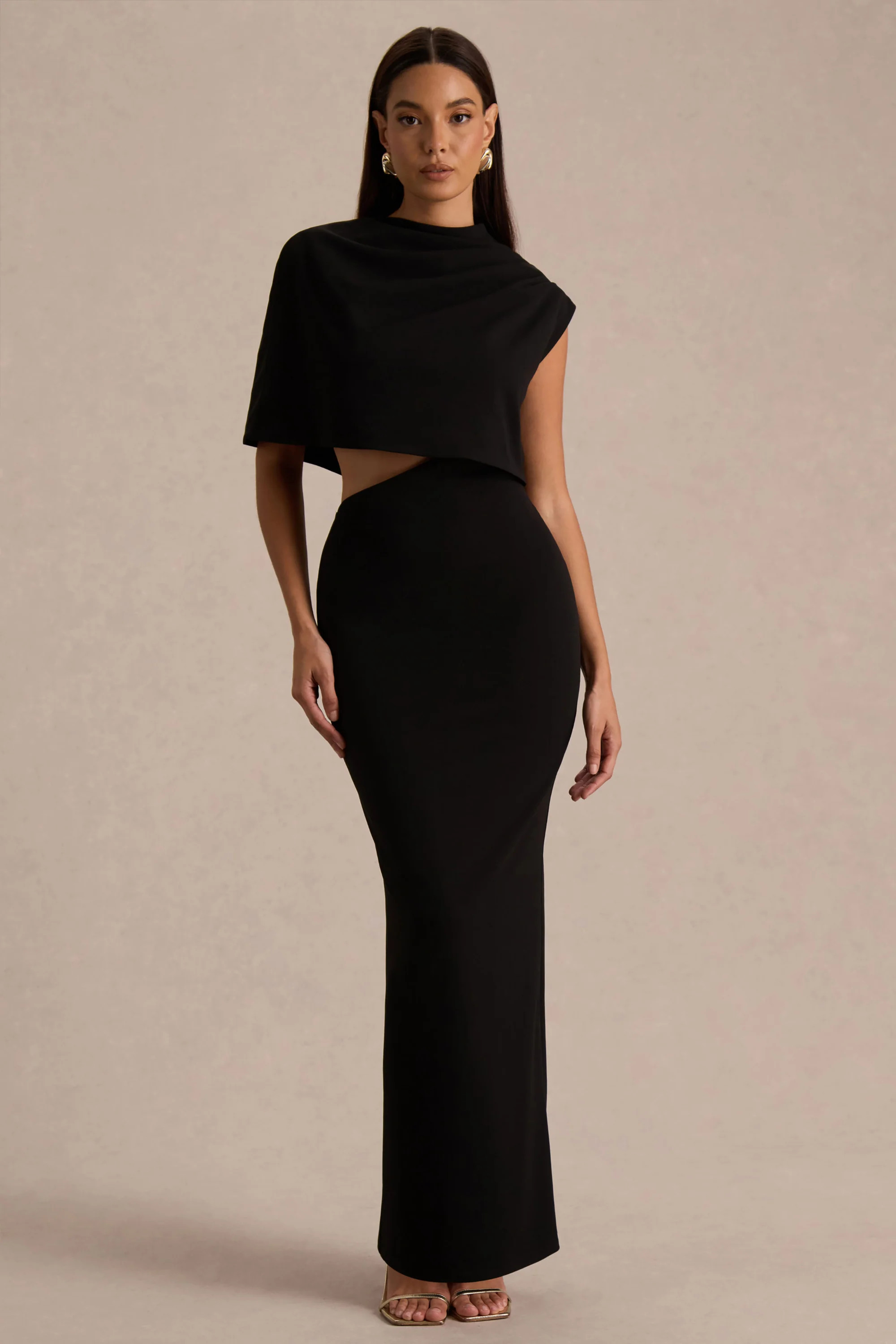 Roseth  Black High-Neck Maxi Dress With One-Sleeve And Body Cut-Out Detail | Club L London