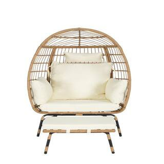 Wicker Outdoor Lounge Chair with Gray Cushion, Ottoman | The Home Depot