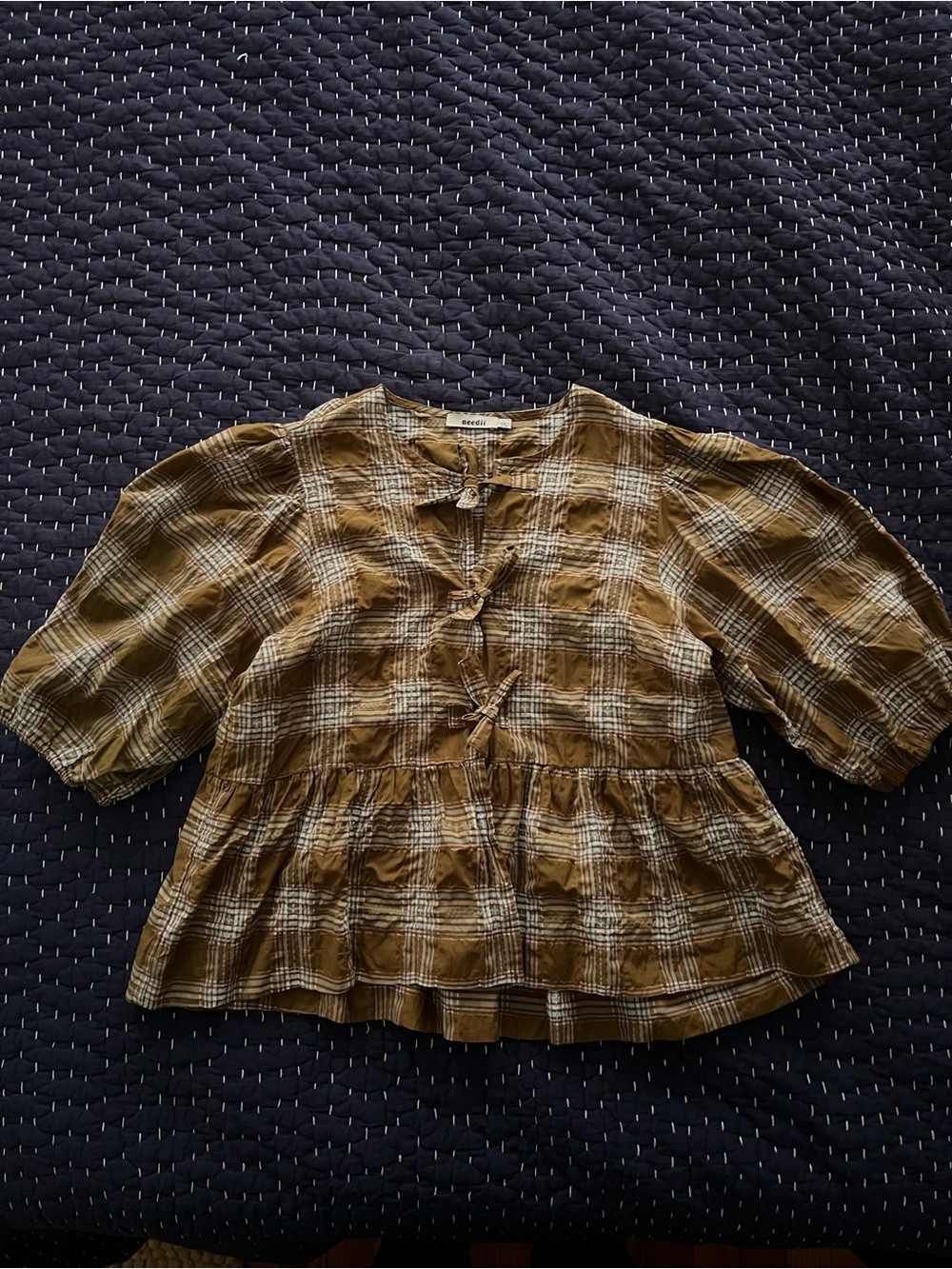 Plaid Peplum Blouse with Tie Front in Olive Brown | Poshmark