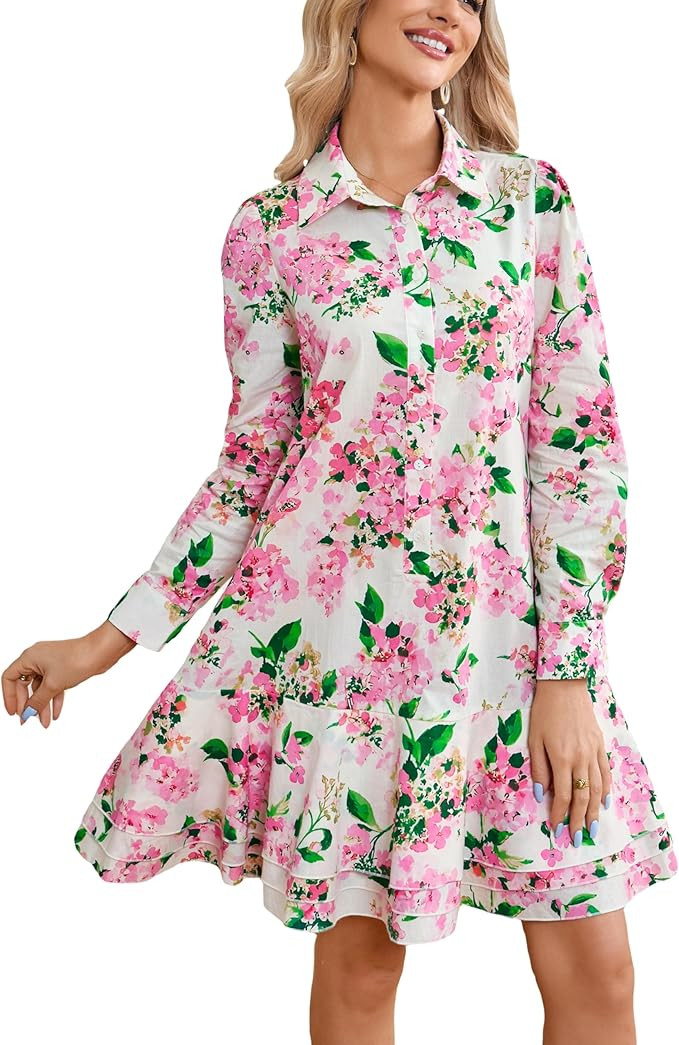 Ladyful Floral Mini Dress for Women Long Sleeve Layered Ruffle Shirt Dress Flowy Summer Wedding G... | Amazon (US)