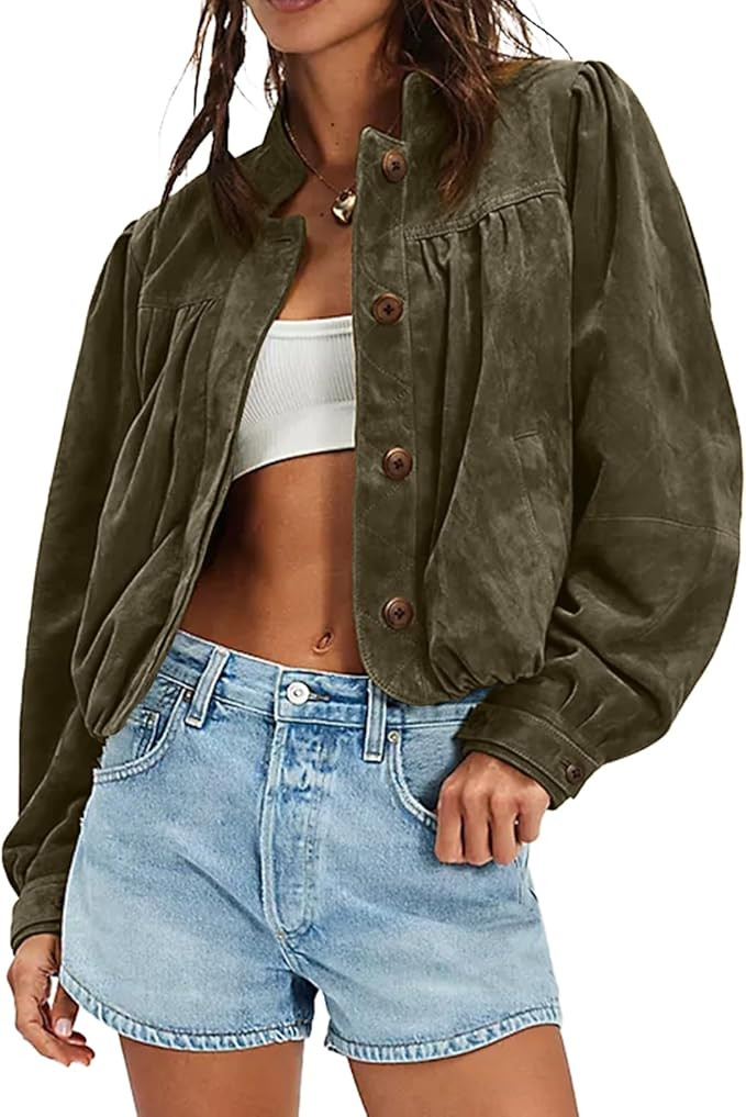Womens Cropped Faux Suede Jacket Puffed Long Sleeve Stand Collar Button Down Pilot Jackets Coat | Amazon (US)