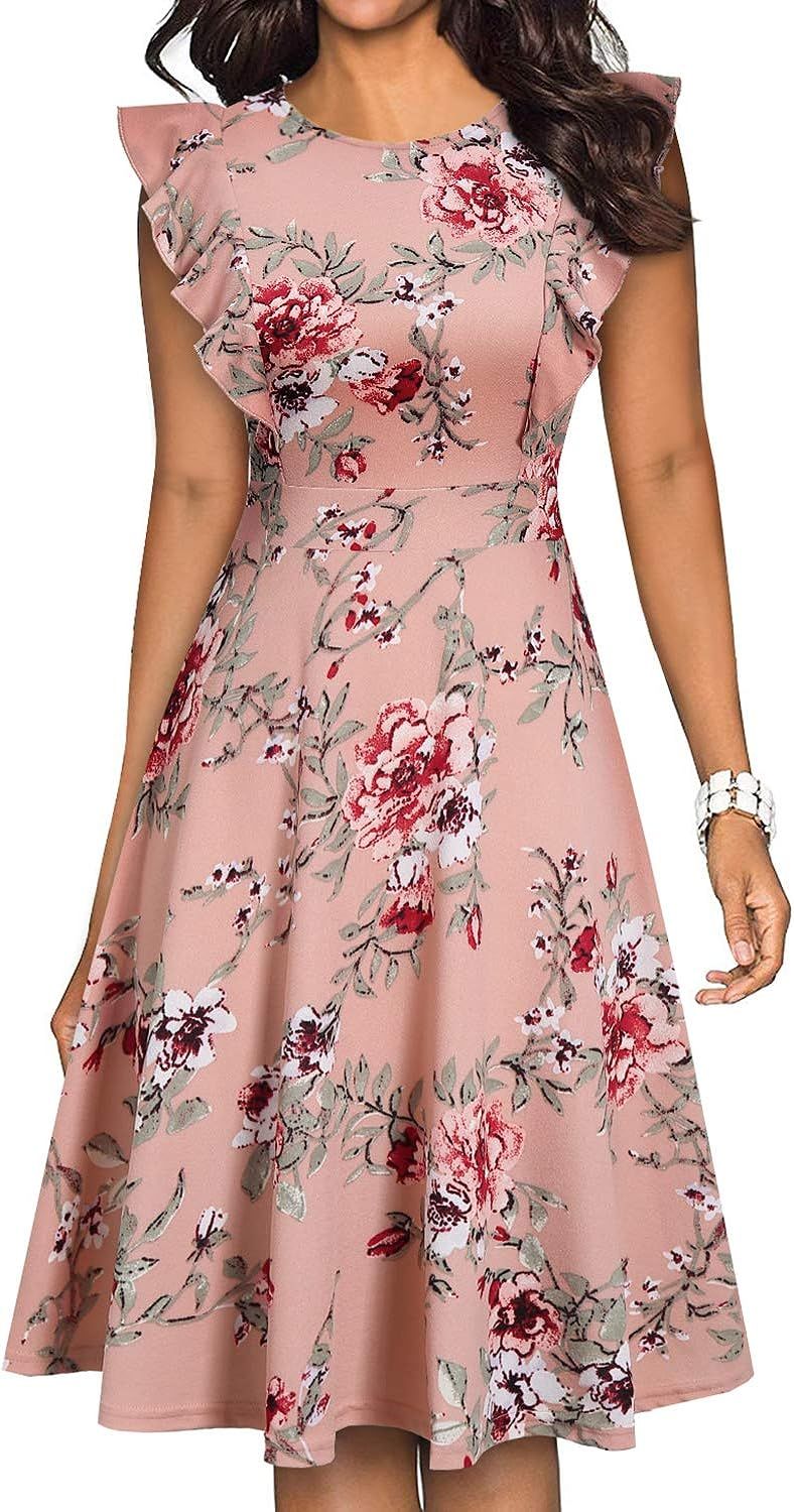 YATHON Women's Vintage Ruffle Floral Flared A Line Swing Casual Cocktail Party Dresses | Amazon (US)